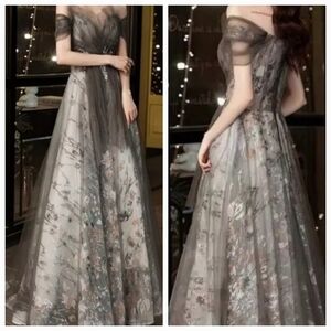 Gray, Floral Print ,Case Up, Applique,  Lace, Mesh, Sequins, Ball Gown